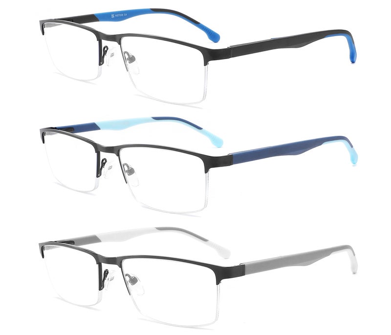 MODFANS 3-Pack Reading Glasses Men (Blue Light Blocking) Metal Frame Rectangle Style Stainless Steel Material Blue/Light Blue/Light Grey